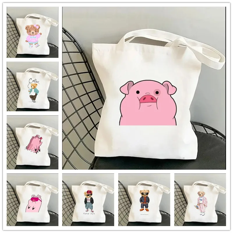 Harajuku Cute Pig Women Canvas Shoulder Bags Kawaii Bear Shopping Bag Graphic Eco Lady Shoulder Handbag Large Capacity