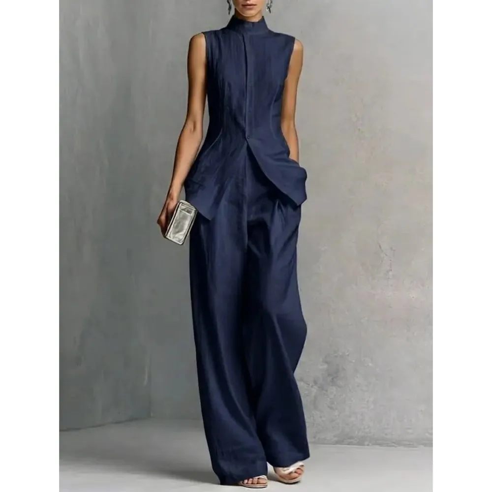 Fashion Stand-up Collar Sleeveless Tops Trousers 2 Piece Set Summer New Slim Elegant Wide-leg Trousers Female Office Suit 2026 - view 6