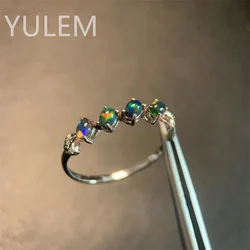 YULEM Natural Black Opal Gemstone Leaf Simple Design and Silver 925  Wedding Rings for Women