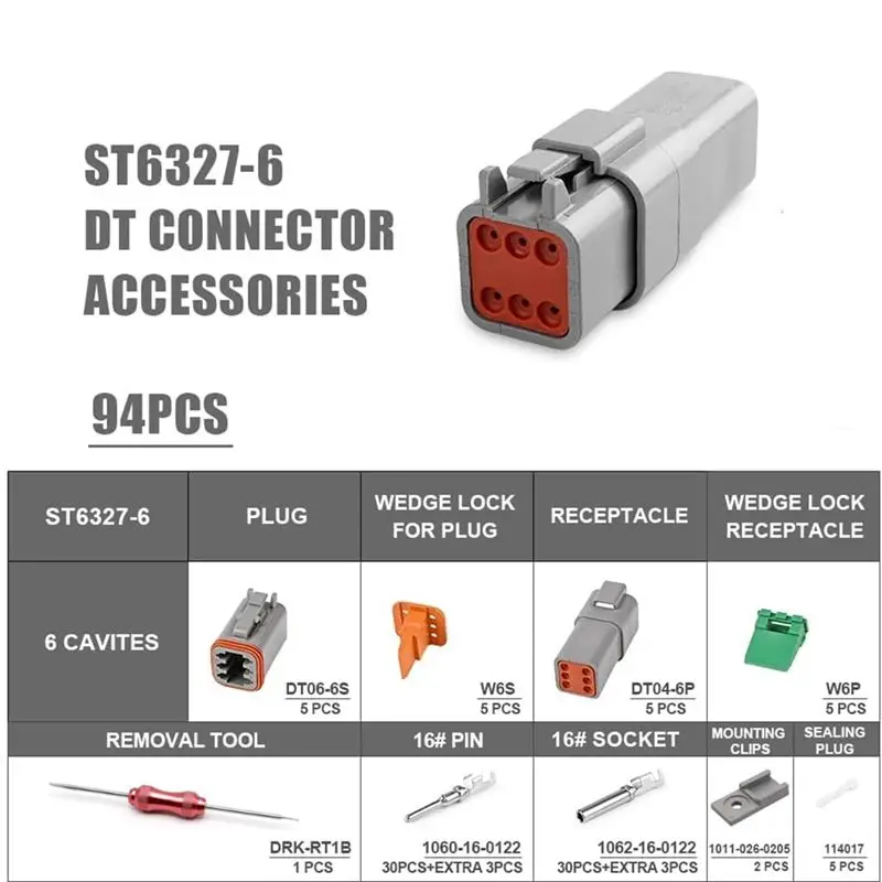 ABFW 5 Set 6 Pin DT Connector Kit, Waterproof DT Connector, Size 16 Stamped Contacts, Seal Plugs for Car, Truck, Motorcycle
