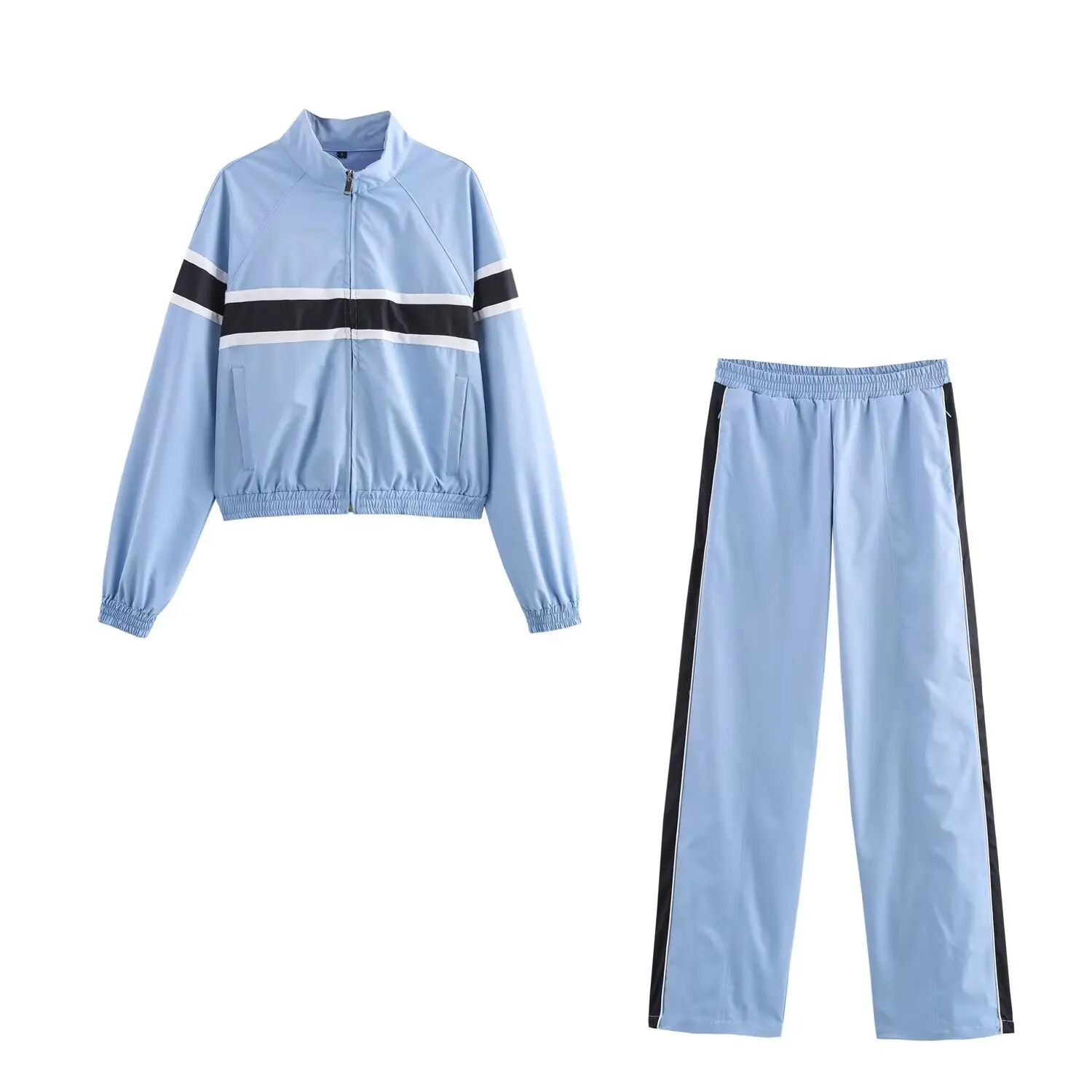 

European and American style fashion casual sports suit spliced ​​striped decorative stand collar jacket straight trousers suit