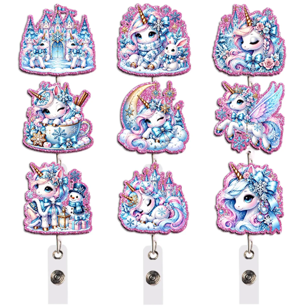 Kawaii Ice Blue Unicorn Badge Reel Collection Styles Retractable with Clip for School Office