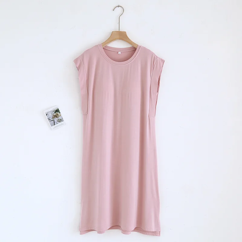 فستان نوم نسائي رفيع بدون أكمام من القطن المشروط مع وسادة صدر صيفية رفيعة وفضفاضة ورقبة دائرية فستان منزلي #4