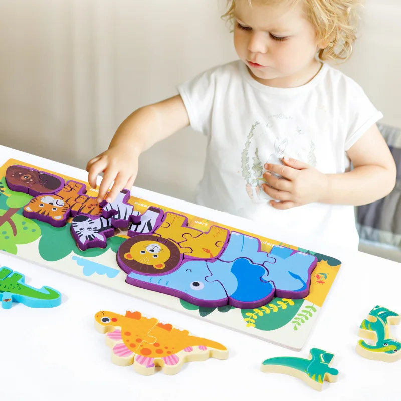 Drewniane zwierzęta Puzzle 3D edukacja nauka zabawki dla dzieci materiały Montessori duże Puzzle sprytna deska zabawki do gry dla dzieci