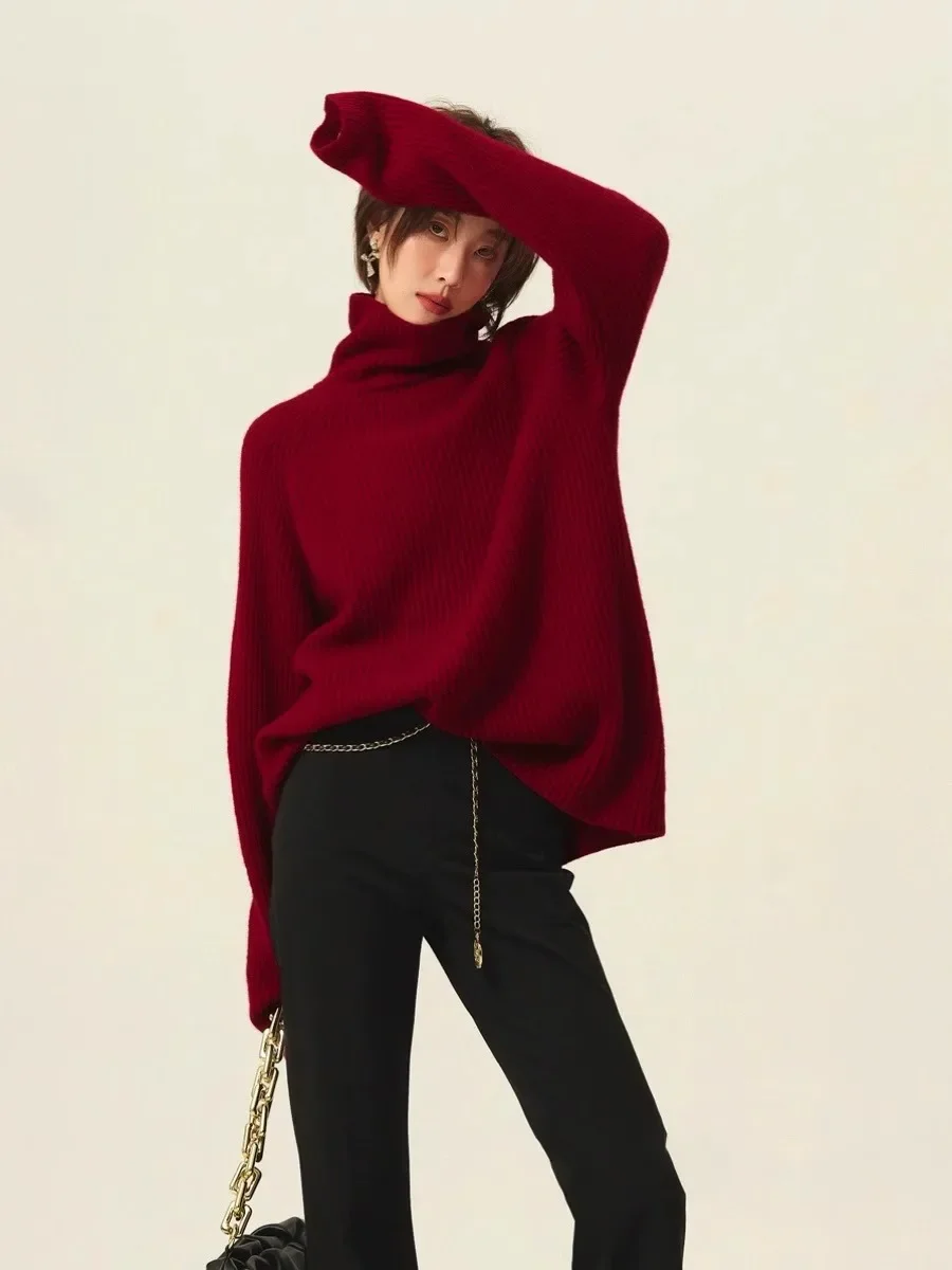 Turtleneck cashmere sweater women loose thickening age reduction niche vintage red crewneck sweater women long sleeves