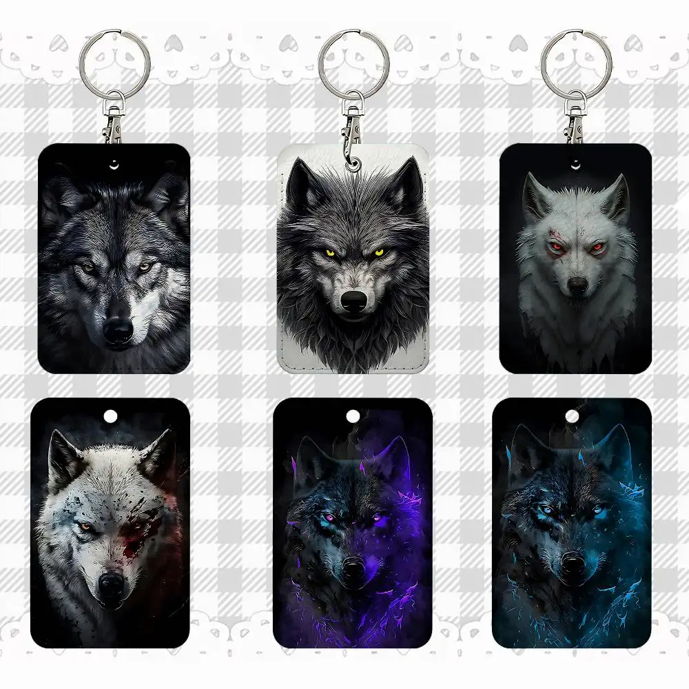 

Wolf Cool Rectangle ID Card Case Keychain Access Card Bag Key Tag Ring Leather Card Holder Key Ring Access