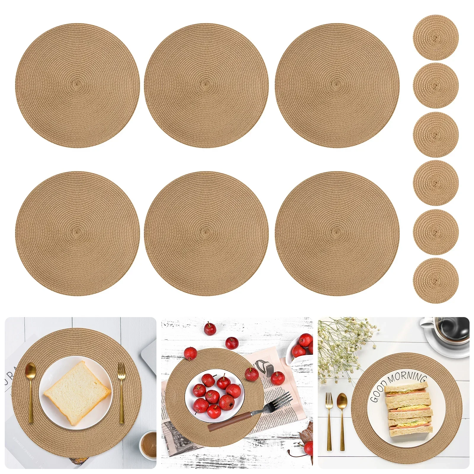 

Round Braided Placemats Set of 6 Washable PP/PET Heat Resistant 34cm Table Place Mat for Kitchen Xmas Dining Table Party Decor