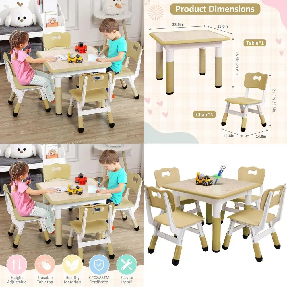 Adjustable Height Kids Table and 4 Chairs Set, Graffiti Top, Multi-Activity Table for Ages 2-10, Suitable for Classrooms, Daycar