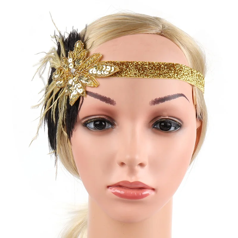 1920s ماكياج الكرة الديكور ريشة عقال غاتسبي حفلة السيدات خوذة فستان عتيق حتى الزعنفة ريشة عقال