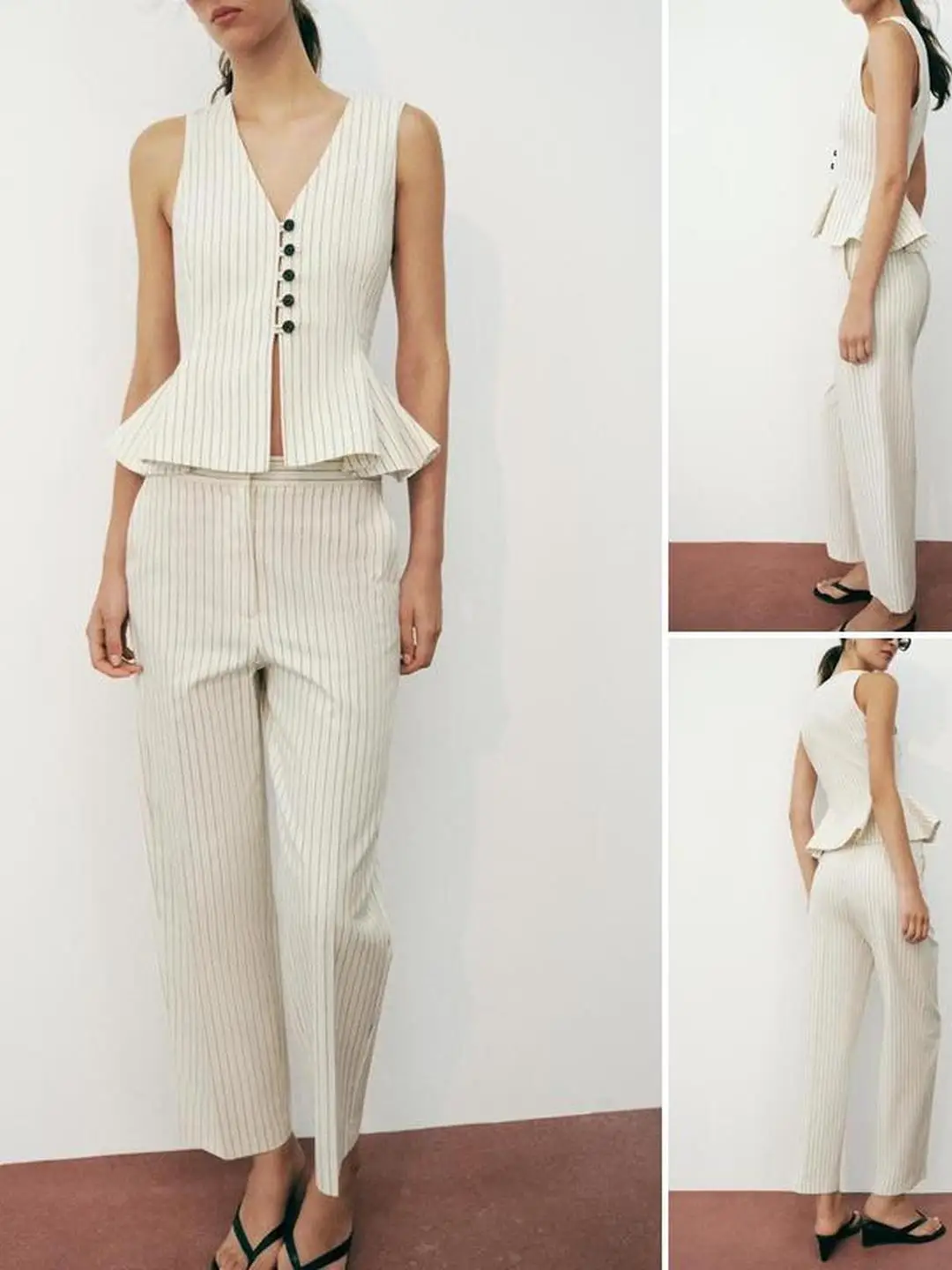 Elegant Striped Hem Vest Summer 2026 Women's Fashion Polyester Fiber A-Line Narrow Strap Vest City Walk Neutral Style Two-Pie...