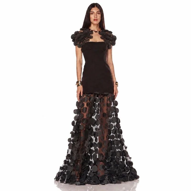 

Black Bandage Prom Dress Sexy Hollow Sleeveless Dot Flower Long Sheath Party Gown Holiday Formal Wedding Birthday Evening Robe