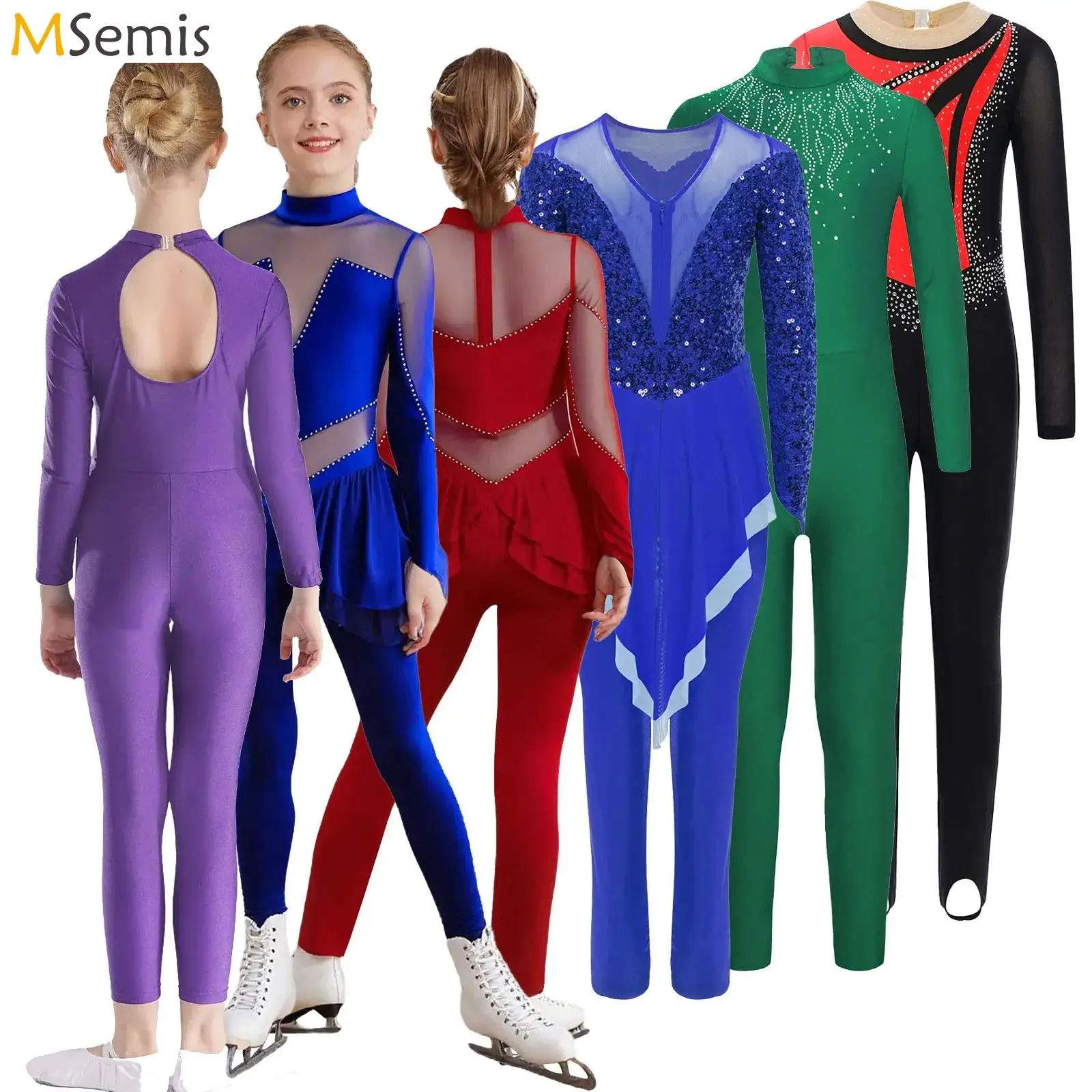 Girls Ballet Figure Skating Performance Costume Shiny Rhinestones Long Sleeve Sheer Mesh Yoga Gymnastics Dance Leotard Jumpsuit