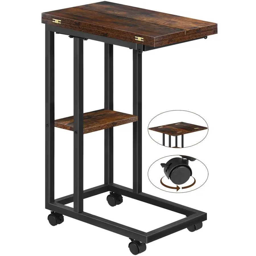 

Small Side Table C Shaped Couch End Table with Storage Shelf and Wheels, Expandable Wooden Snack Tray Table for Living Room Bedr