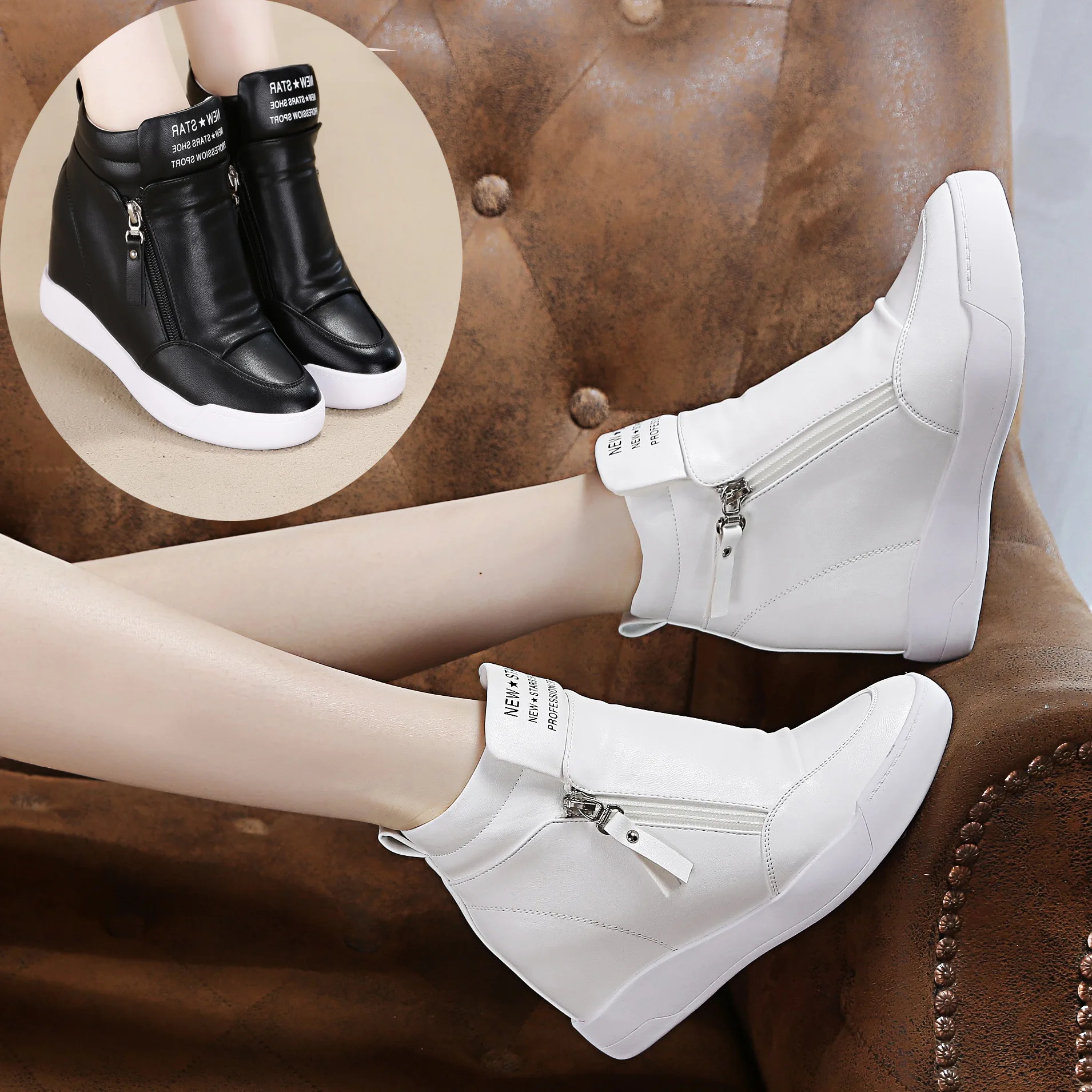 Women Casual Sneakers White PU Platform Shoes Ladies Wedge Sports Shoe Fashion Woman  Black Chunky Side Zipper Vulcanized Shoes