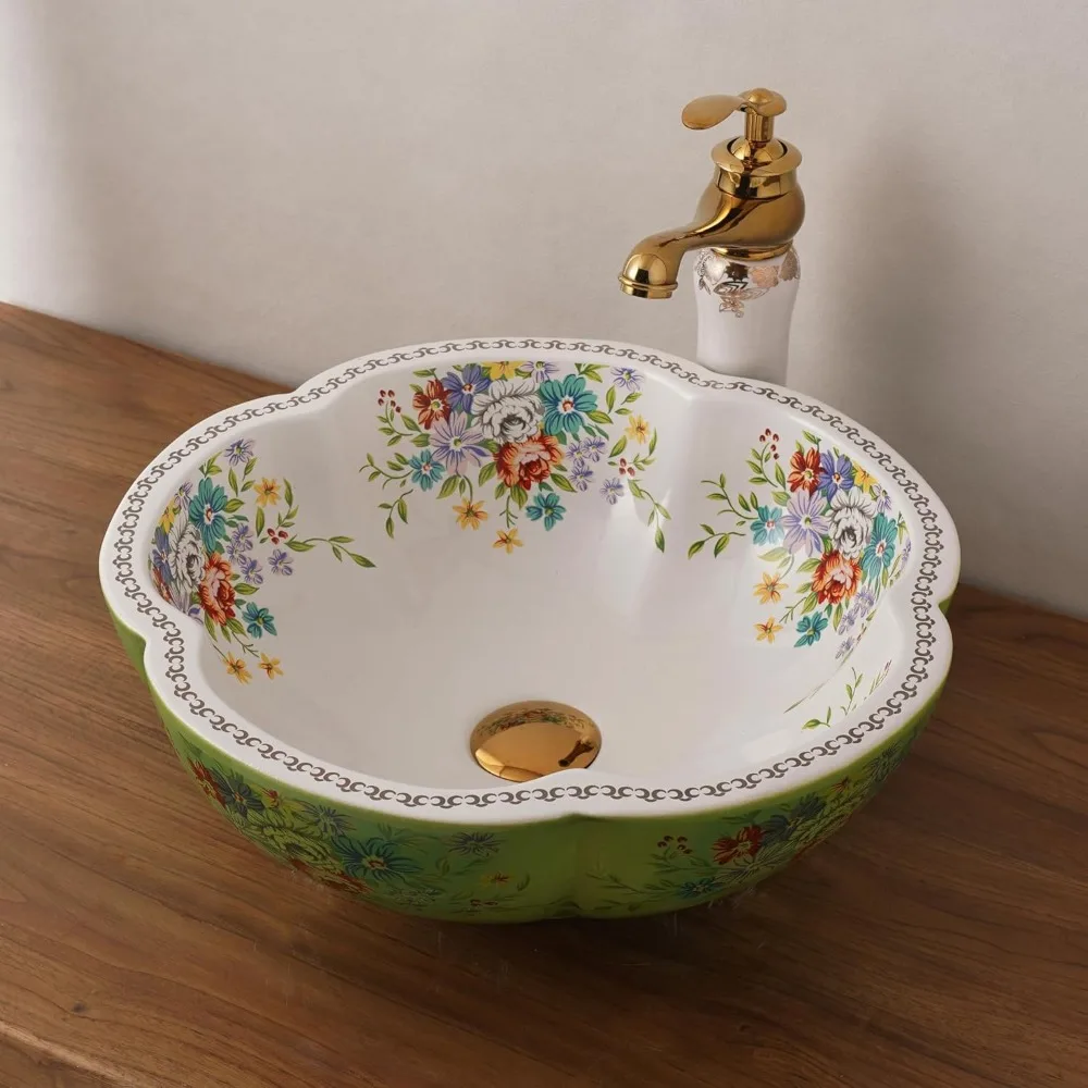 Зеленая фарфоровая раковина в форме цветка для ванной комнаты и туалетного столика в китайском стиле