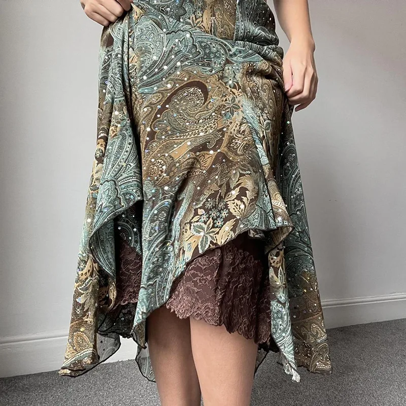 Vestidos femininos saia irregular estampada à base de plantas americanas com design de camadas de nicho pendurado saia longa de renda evasê