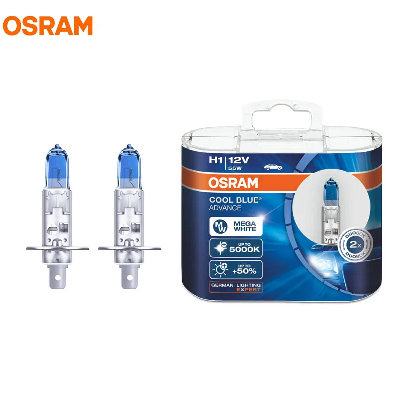 OSRAM H1 12V 55W Halogen Bulbs 5000K Cool Blue Advance Xenon White 50% Brighter OEM Car Headlight Fog Light 62150CBA 1 Pair ﻿ ﻿