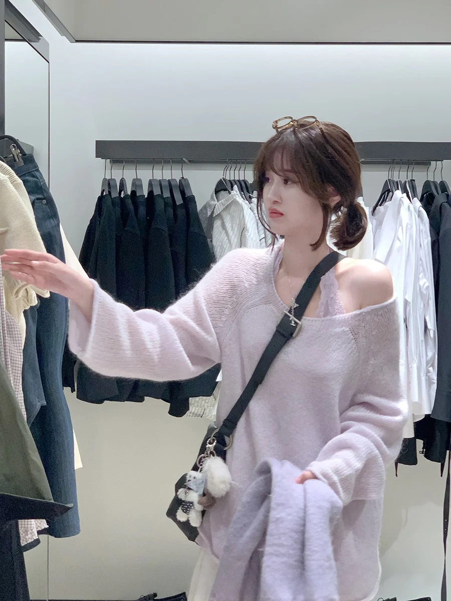 

Женский осенний свободный тонкий вязаный свитер CallmeEar с длинными рукавами, повседневный модный топ с открытыми плечами