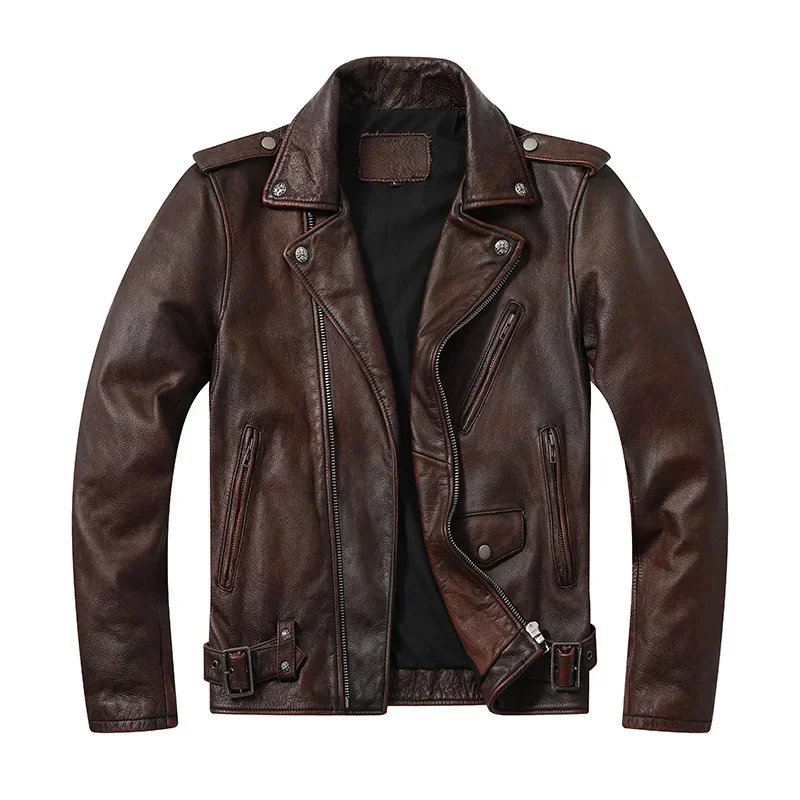 First Layer Cowhide Men's Motorcycle Riding Jacket Lapel Distressed Leather Slim Multi-Pocket Short