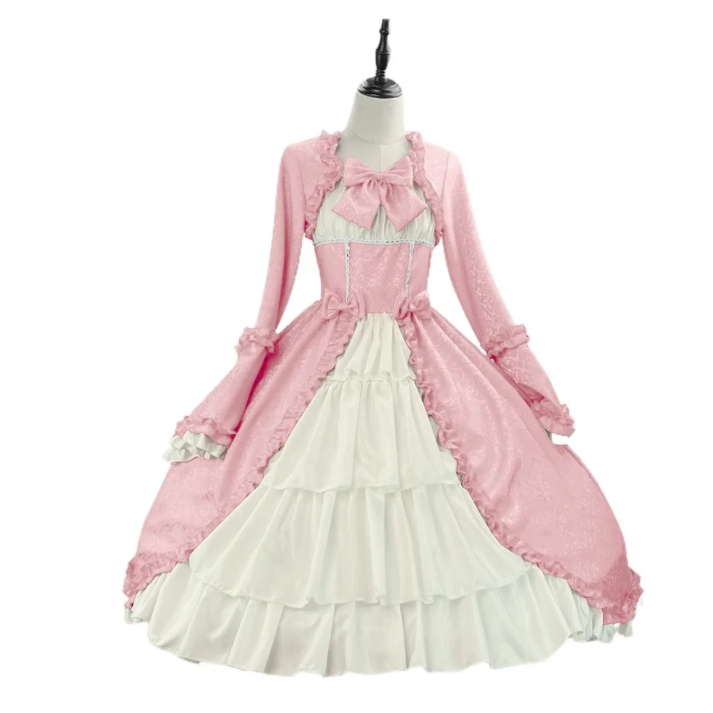 Sweet Square Neck Court Lolita Dress Gothic Tight Waist Medieval Dress Women Fairy Cosplay Bow Dress Party