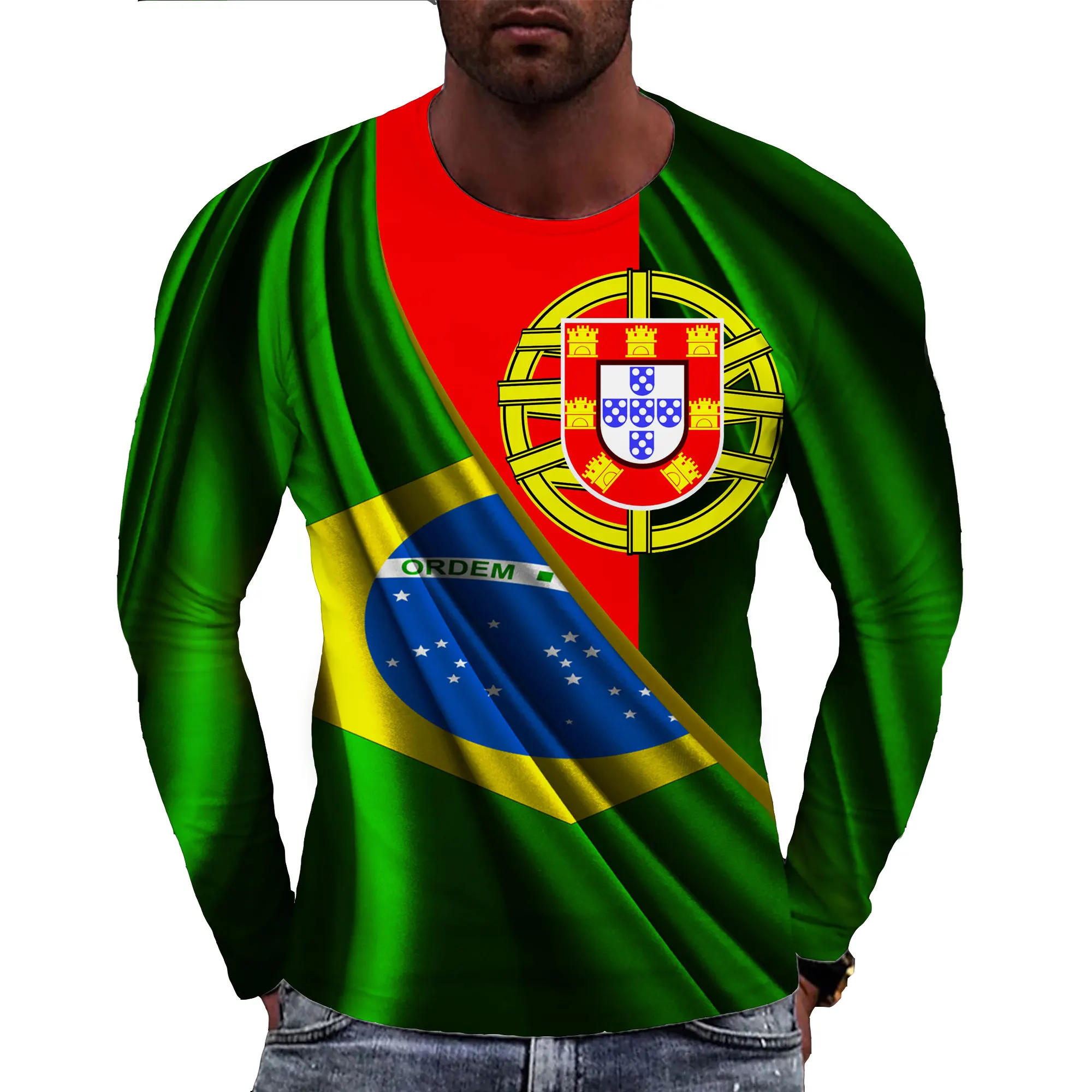 2023 Newest Hip-hop Portugal and Brazil Flag Men\'s 3D Printing Long Sleeve T-shirt Casual Pullover Fashion Sports Tee