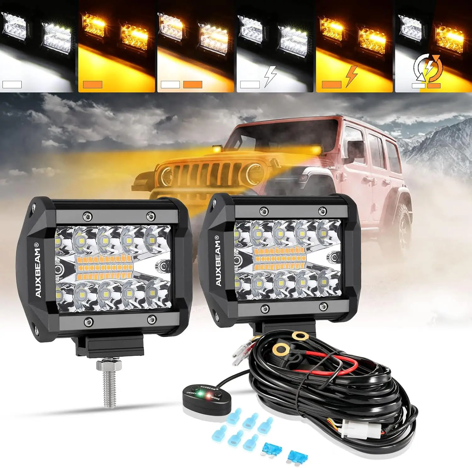 4 Inch LED Pods Strobe Pod Light Bar, 120W Amber White 6 Modes Fog Light Spot Offroad Driving Lights, 12000LM Triple Row Memory