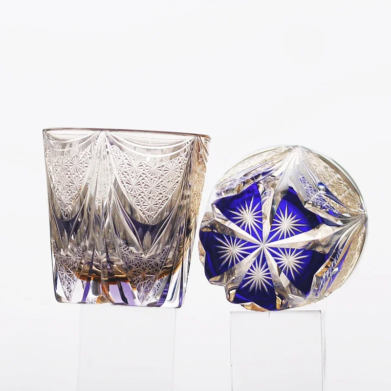 Japanese Edo Kiriko  Rock Glass Two-tone Hand Cut Crystal Whiskey Tumbler Premium Bar Drinkware Gift