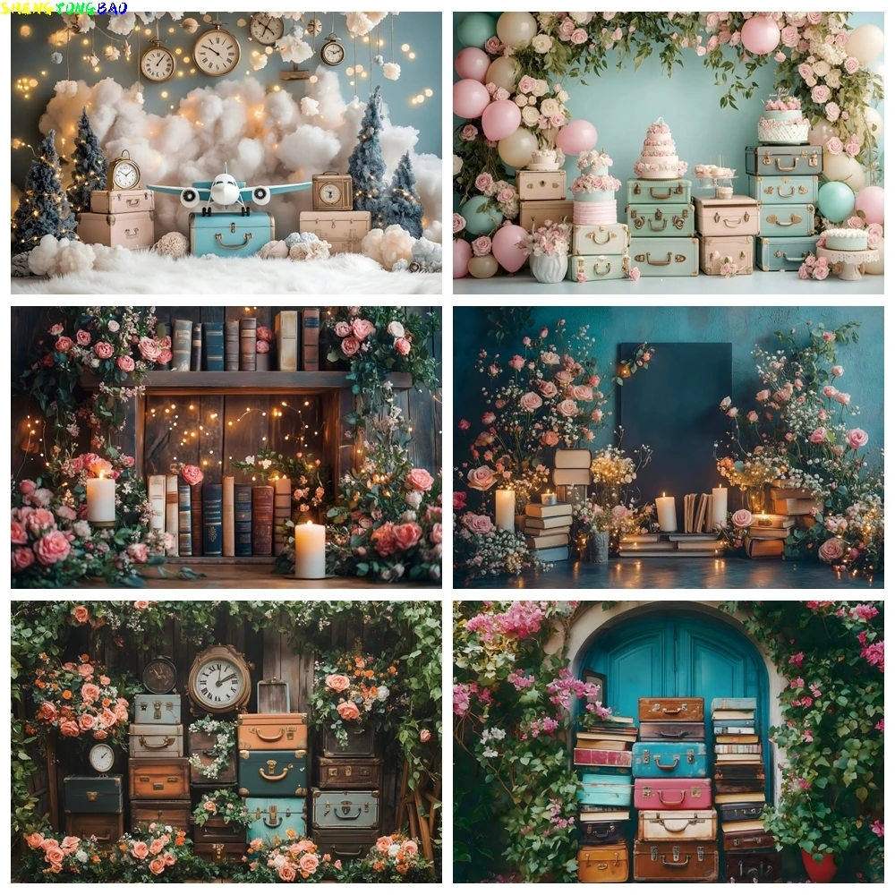 Frühling Ostern Hintergrund Vintage Wand Holztür Bücherregal Blume Ballon Gepäck Erste Reise Kinder Geburtstag Party Hintergrund