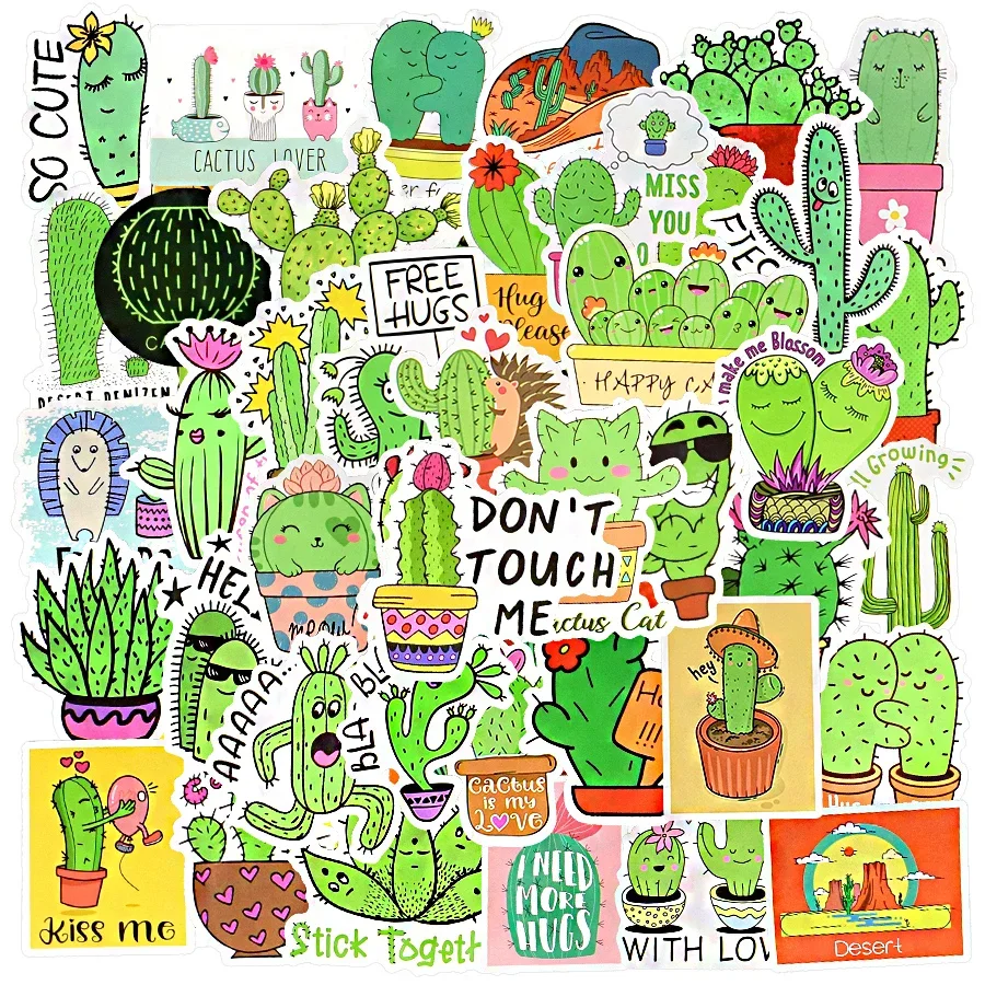 50 PCS Cactus Cute Stickers Kids Gift Cartoon Anthropomorphic Cactus Funny Stickers for Laptop Suitcase Guitar Bike Scrapbook