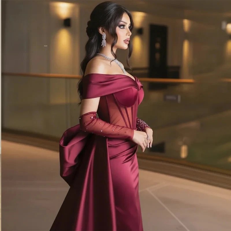 Elegancka burgundowa suknia wieczorowa w stylu syreny z błyszczącymi koralikami, z odkrytymi ramionami, suknia balowa, Vestdos De Fiesta, szyta na miarę.