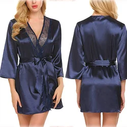 Donne Sexy Kimono in raso Accappatoio Camicia da notte Bordo in pizzo Mezza manica Sposa Avvolgente da sposa Vestaglie Pigiami da donna Abiti per la casa