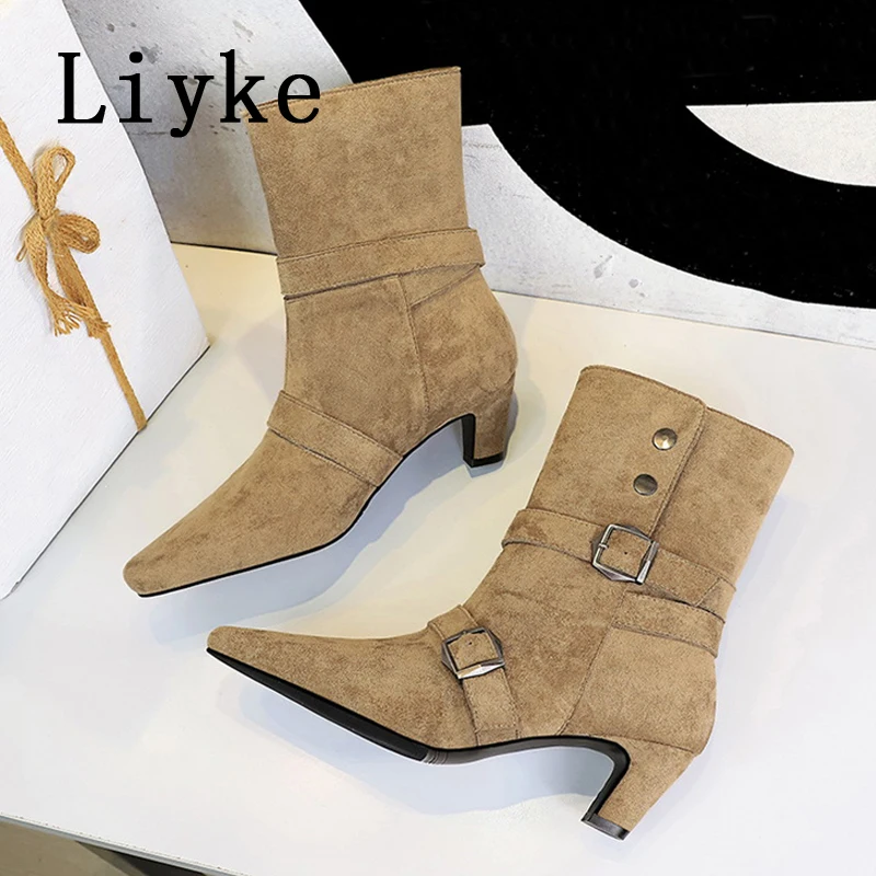 

Liyke Fashion Snap Button Belt Strap Women Ankle Boots Vintage Brown Suede Square Toe Low Thin Heels Party Prom Shoe Botas Mujer