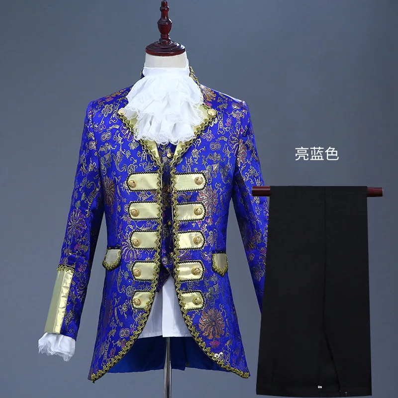 England Style Wedding Suits Prom Men Court Costume Male Host Singer Chorus Stage Outfit Studio Blue Slim Blazer+Vest+Pants+Belt