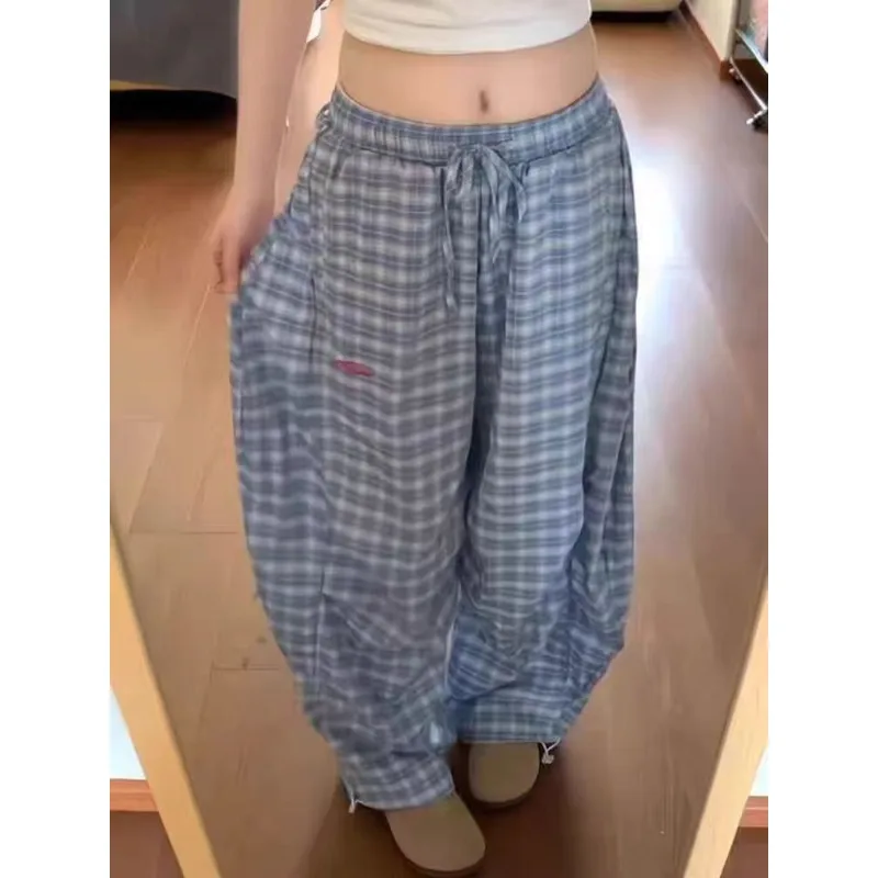 Deeptown Harajuku Vintage Y2k Blue Plaid Women Cargo Pants Embroidery Scimitar Wide Leg Korean Fashion Trousers Baggy Summer