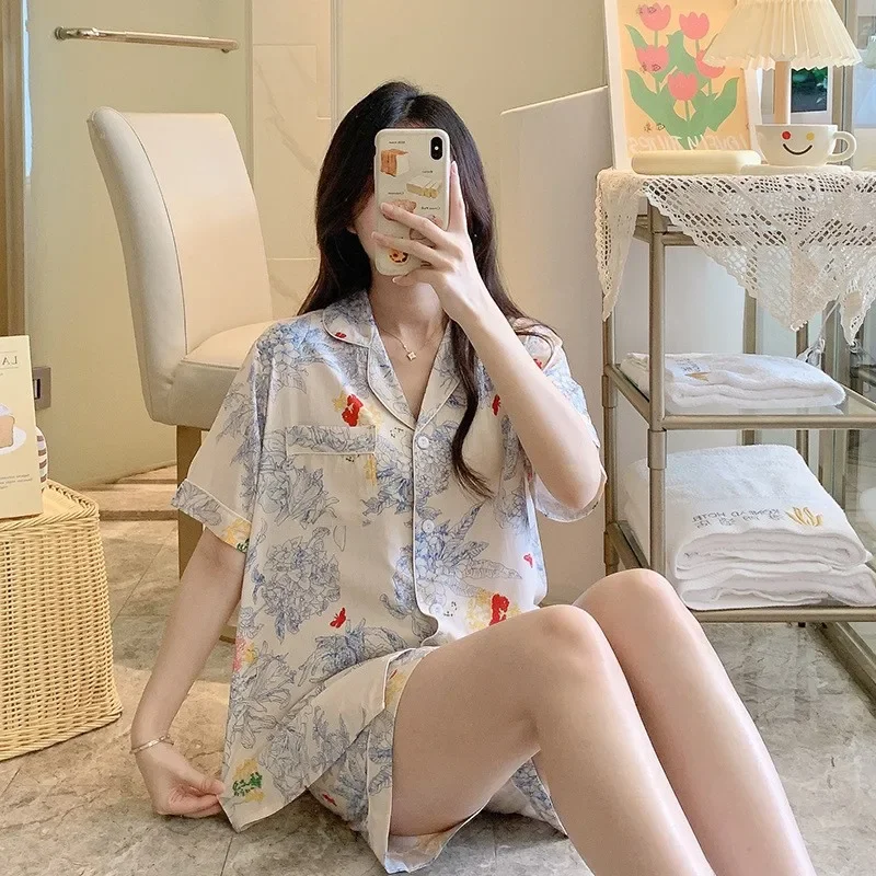 Short Sleeve Shorts Floral Print Woman Satin Pajama Sets Ensembles 2 Piece Two-Piece Outfit Lounge Women Pijama Sleepwear Pj