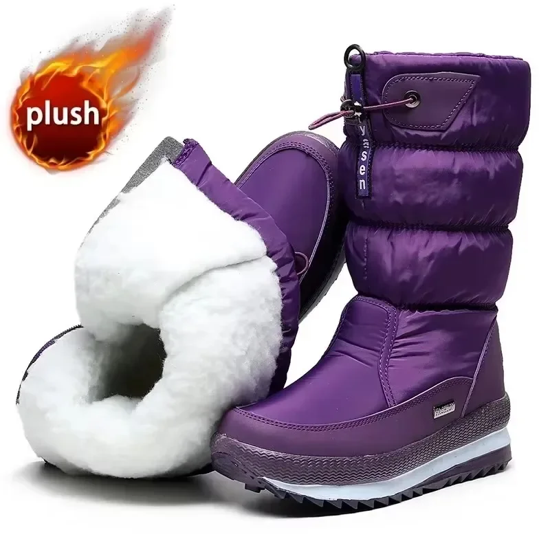 

Women Luxury Snow Boots Waterproof Non Slip Thick Plush Warm Fur Winter Shoes Fashion Mid Calf Bow Design Comfortable Footwear
