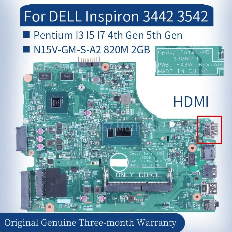 

13269-1 For DELL Inspiron 3443 3543 3442 3542 3541 Laptop Mainboard 820M 2GB Pentium I3 I5 I7 4th 5th Gen Notebook Motherboard