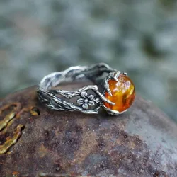 New Simple Fashion Trend Retro Amber Stone Women's Ring Flower Branch Jewelry Street Niche Party Party Finger Ring Accessories