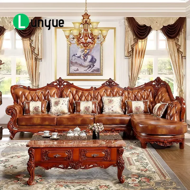 For European Style Luxury Villa Living Room Sofa Genuine Leather Modular Hotel Use Sectional Solid Wood Frame American
