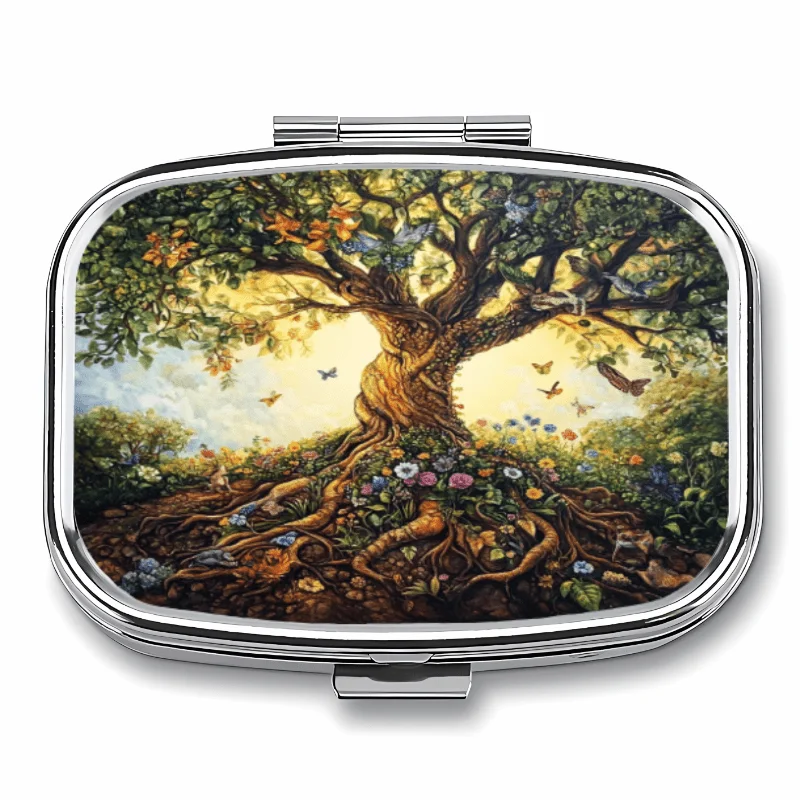 【2 Styles and Capacities Available】Portable Decorative Box with a Vibrant Design of the Tree of Life in Full Bloom, Rectangular or Round Shape, 3-Compartment or 2-Compartment Metal Pill Box, Compact Metal Pill Box, Portable and Decorative Vitamin Storage Box, or a Unique Gift for Your Wallet