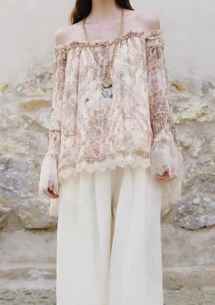 Women's Classical Printed Shirt Lace One Shoulder Long Sleeved Ladies Fashionable Top ﻿