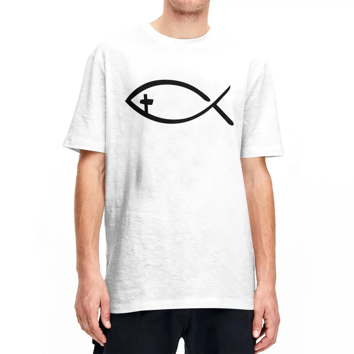 Jesus Fish Ichthys Christian Symbol T-Shirt Men's Vintage 100 Cotton T Shirts Beach Crew Neck Fashion Tees Big Size Clothing