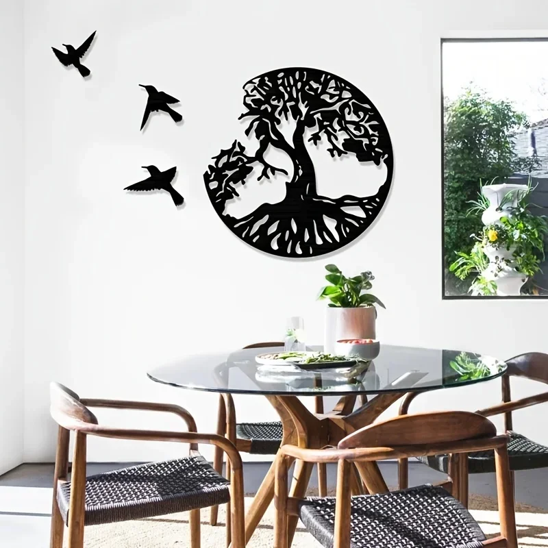 Árbol de la vida y tres pájaros pequeños, decoración artística de Metal para el hogar, decoración colgante de pared para sala de estar, decoración de Metal montada en la pared, Outdo