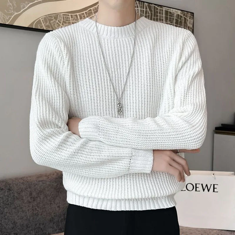 Sweater rajut pria, tren mode musim gugur/musim dingin tebal leher bulat warna Solid serbaguna dan tampan kasual lengan panjang