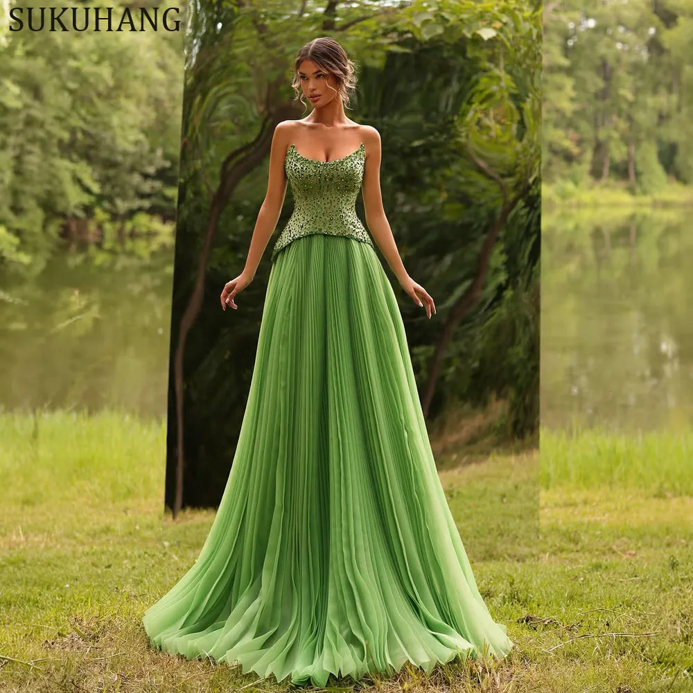 

SUKUHANG бисером милое плиссированное вечернее платье шифоновое длинное платье ручной работы для выпускного вечера Дубай по индивидуальному заказу