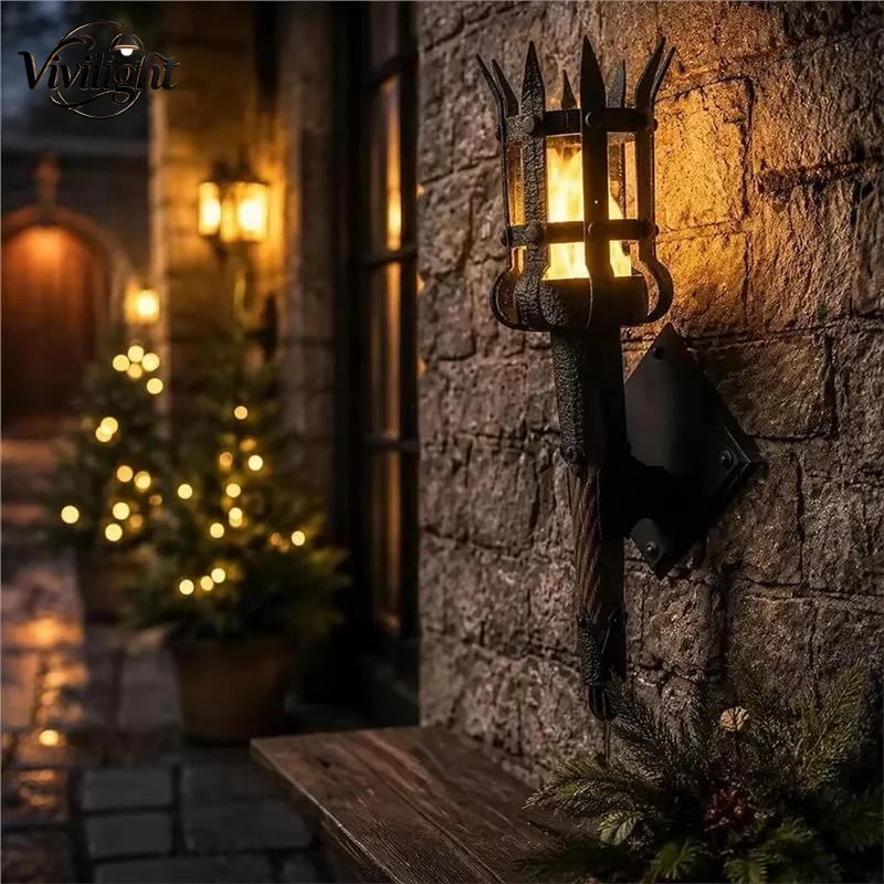 3D Printed Medieval LED Wall Torch Lamp, Gothic Cresset Sconce Flame Light Castle Bar Garden, Porch Party Home Room Decoration