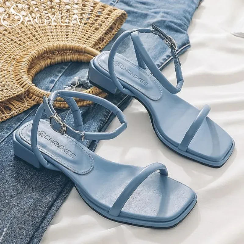 

Women Heeled Sandals Mid Heels Square Toe Shoes Summer Slingback 2025 Brand New Slippers Open Toe Shoes Trend Dress Pumps Mujer