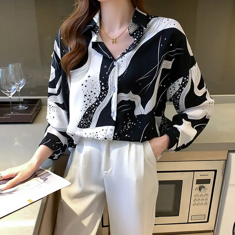 Temperament Spring and Autumn Women\'s POLO Collar Printing Contrast Color Single Breasted Fashion Loose Long Sleeve Shirts Tops