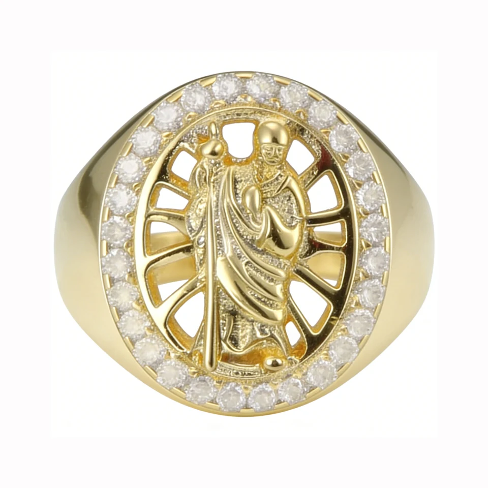 VANAXIN Ellipse Monk Image Rings for Men Bonze Gold Color Bless Jewelry AAA CZ Stone High Quality Brass Jewels Buddha Gift