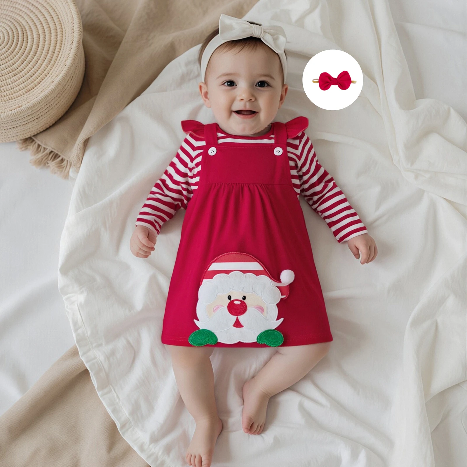 

Осенняя одежда для малышей, комплект из трех предметов для девочек, милый полосатый комбинезон с длинными рукавами и круглым вырезом, повязка на голову, комплект платья с вышивкой Санта-Клауса